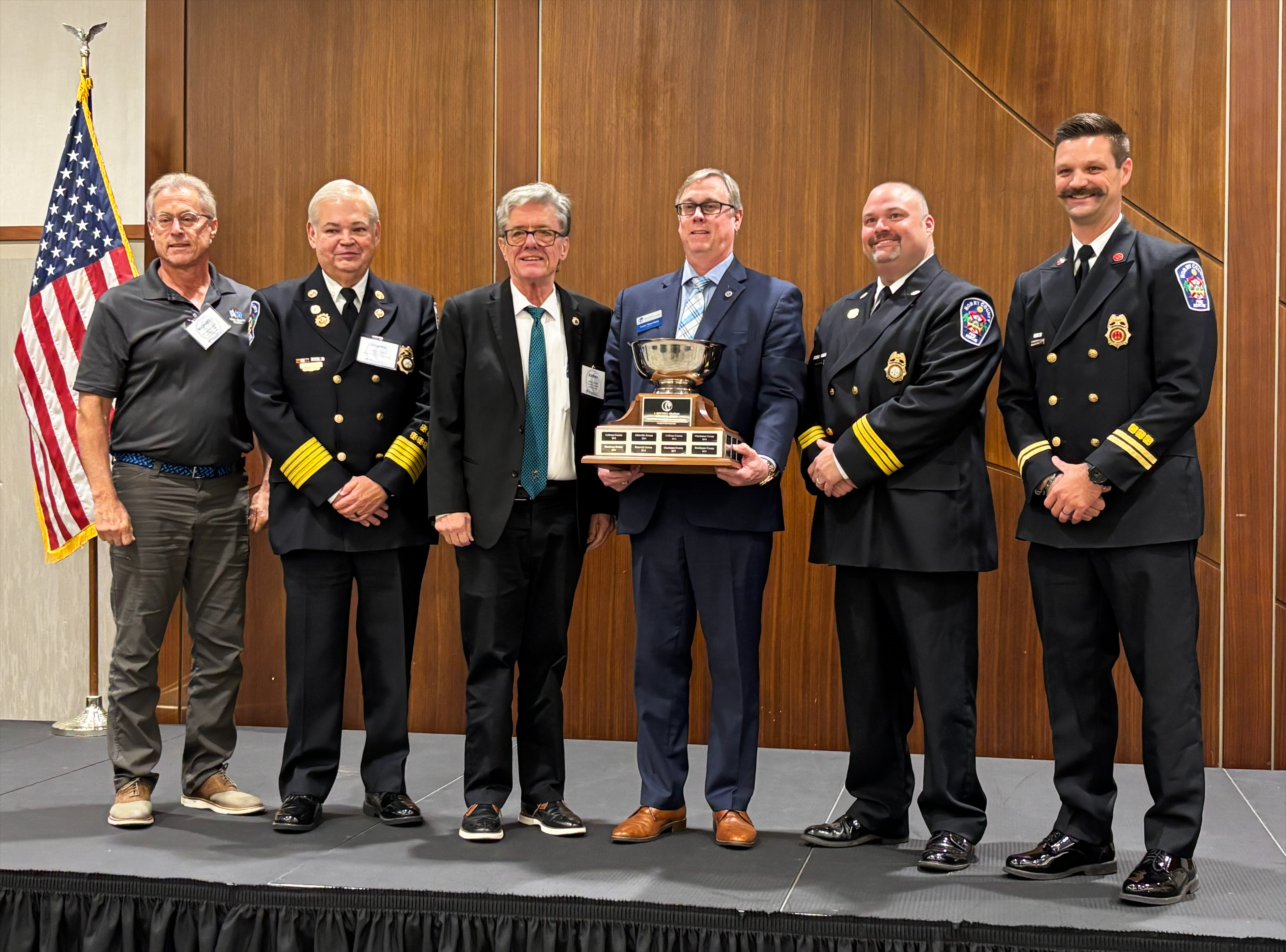 Horry County Councilman Masciarelli, HCFR Chief Tanner, Horry County Council Chairman Gardner, SCAC's Cecil M. Thornton Jr., Assistant Chief Lawson and Capt. Smith accept SCAC award.