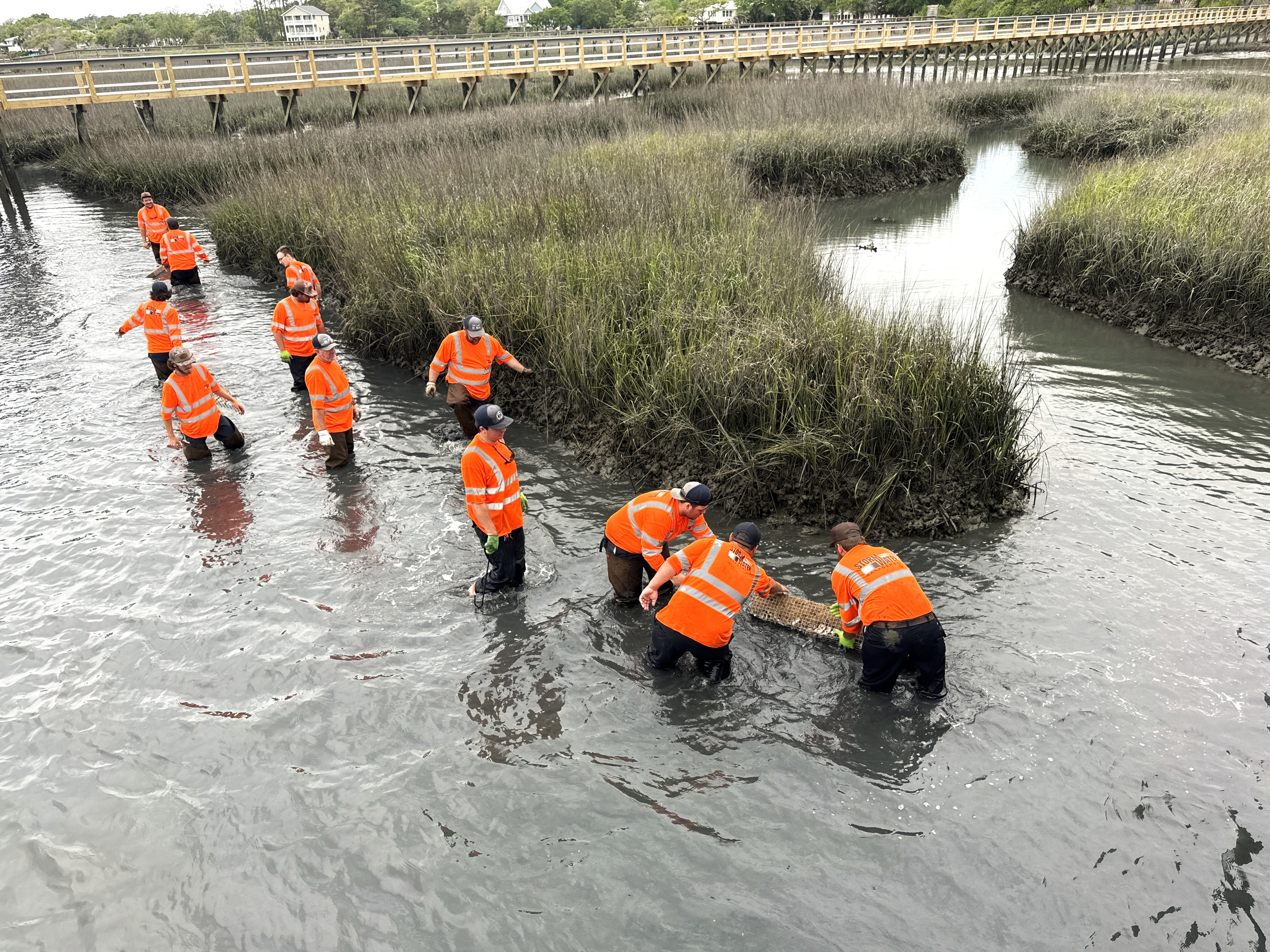 Stormwater crews placing baskets in marsh