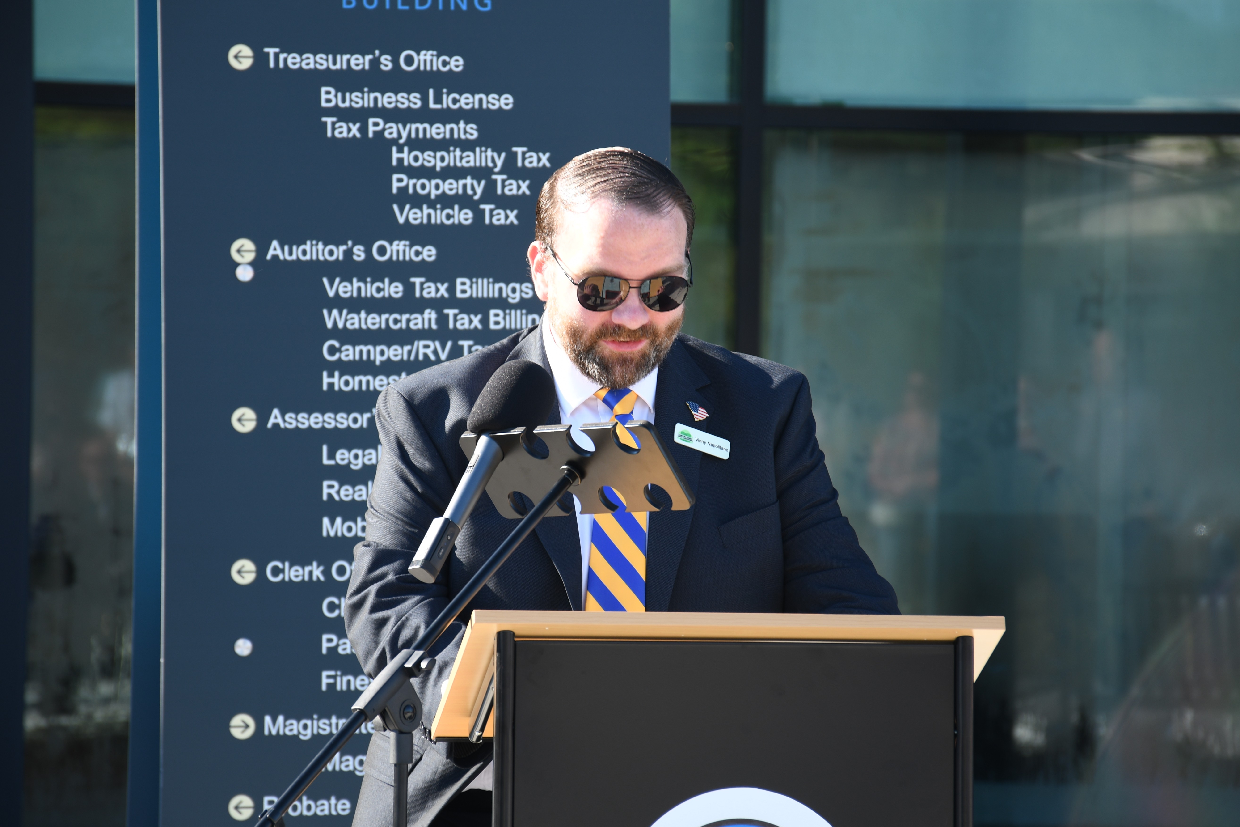 Carolina Forest Civic Association President Vinny Napolitano delivers remarks at Central Coast Complex ribbon cutting